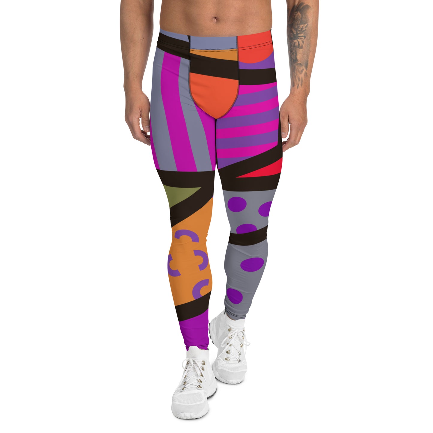 Geometric muted purple patterned leggings for men in muted tones of pink, blue, purple, orange, red with a black overlay on these unique mens compression pants meggings by BillingtonPix