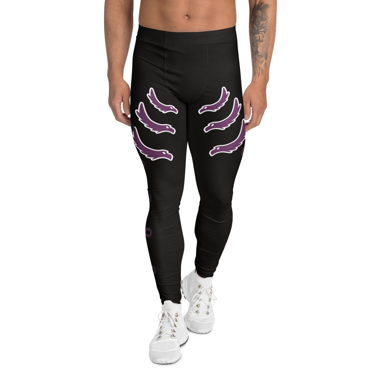 Men’s black pro wrestling cosplay leggings with purple gothic wing graphics on thighs