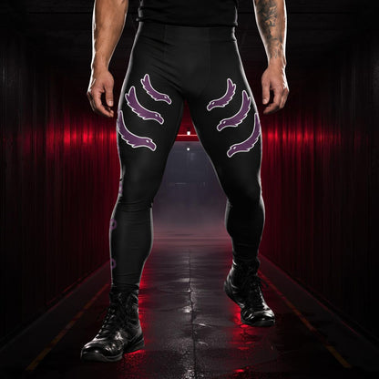 Man wearing black leggings with purple gothic bird designs
