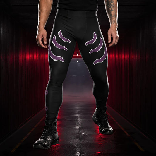 Man wearing black leggings with purple gothic bird designs
