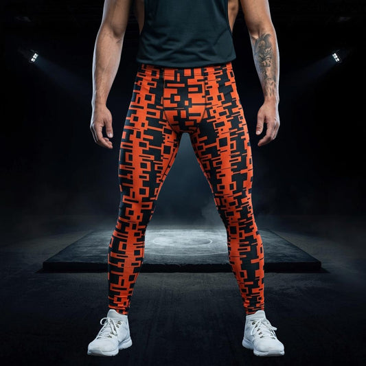 Person wearing orange and black patterned gym leggings on a dark background