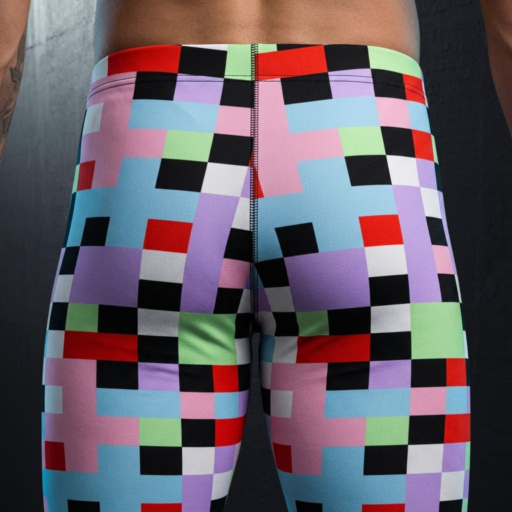Colorful checkered shorts with a geometric pattern on a dark background