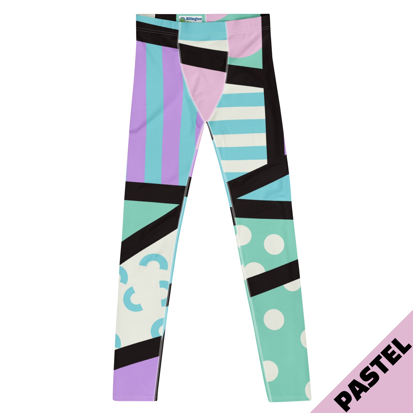 Geometric pastel goth patterned leggings for men in a vibrant neon style of pink, blue, purple with a black overlay on these unique mens compression pants meggings by BillingtonPix