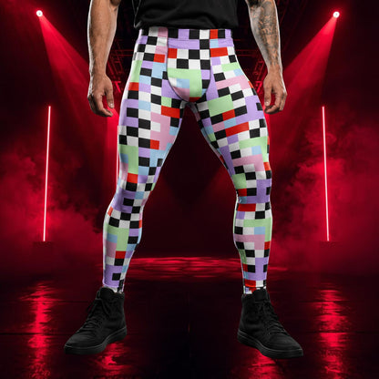 Person wearing pastel goth checked fashion meggings in a spooky red neon lit arena