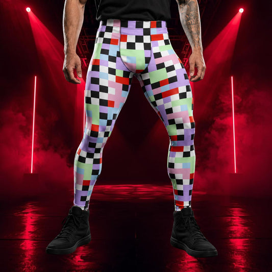 Person wearing pastel goth checked fashion meggings in a spooky red neon lit arena