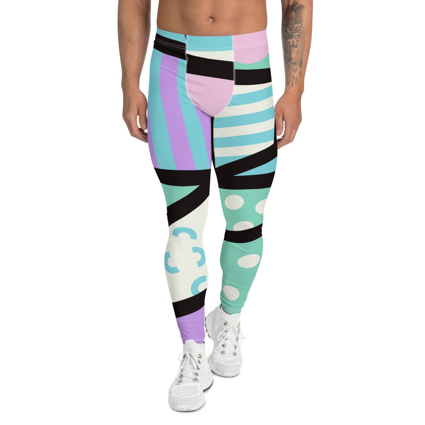 Geometric pastel goth patterned leggings for men in a vibrant neon style of pink, blue, purple with a black overlay on these unique mens compression pants meggings by BillingtonPix