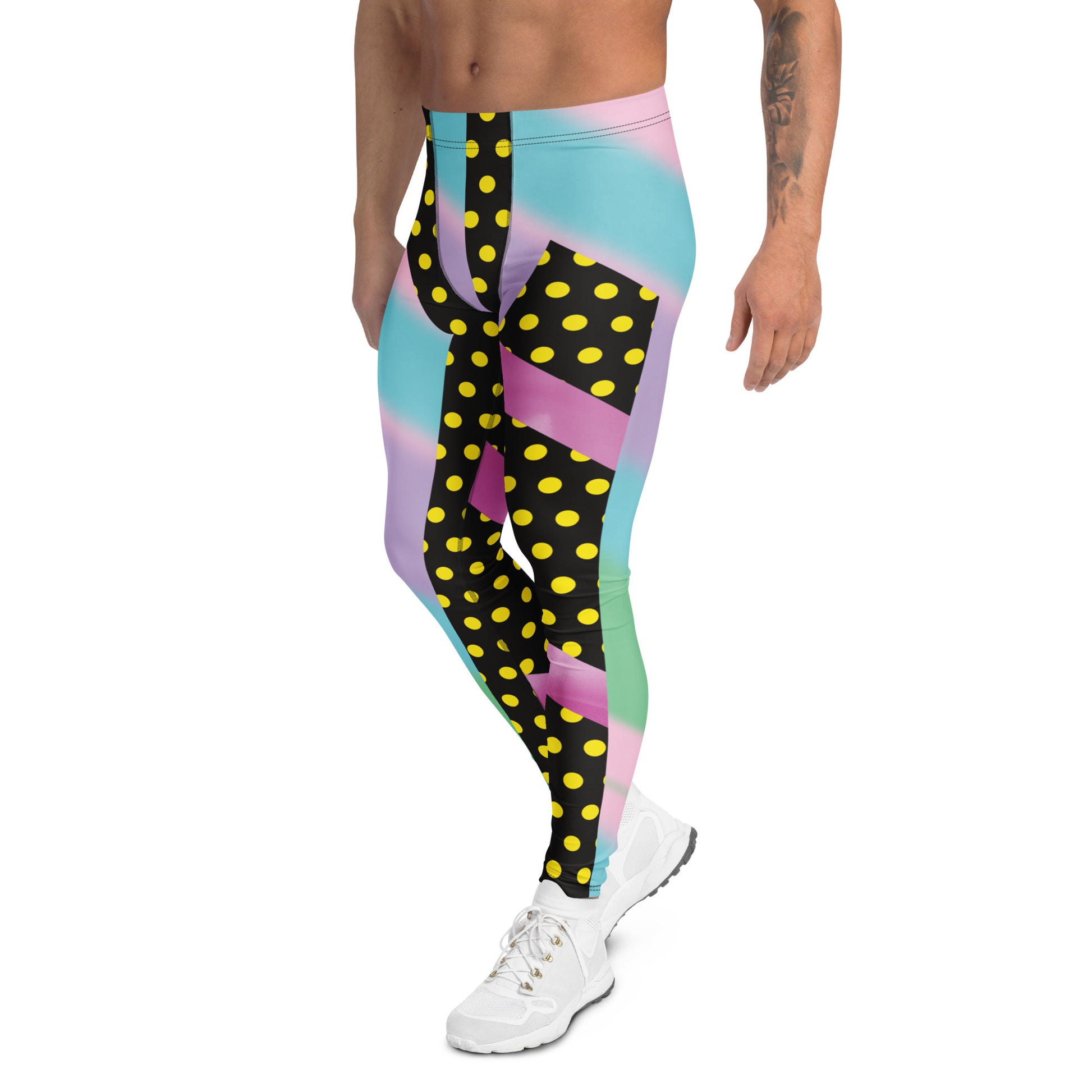 Bold pastel colored wrestling tights in retro style with split polka dot pattern, facing left