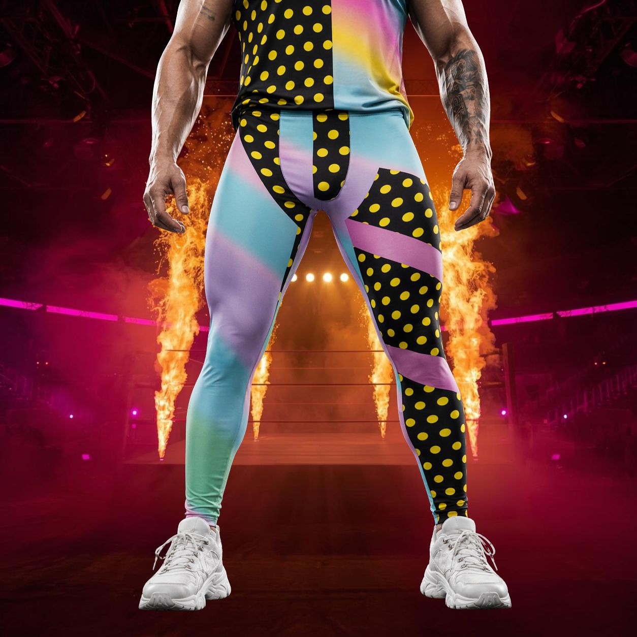Person wearing bold pastel colored wrestling tights in retro style with split polka dot pattern on a stage with flames in the background