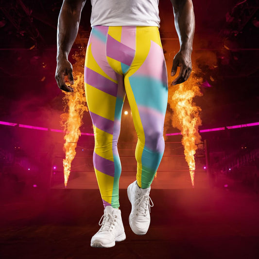 man wearing striped pastel leggings in purple and yellow with opposing front insets