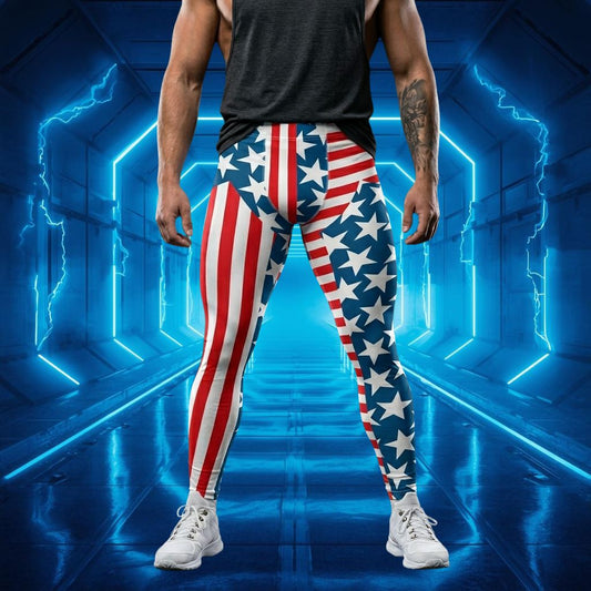 Person wearing patriotic American flag leggings in a futuristic blue corridor.