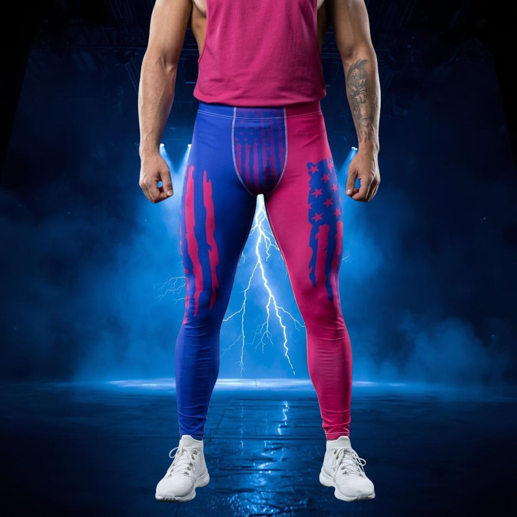 Person wearing pink and blue american flag style athletic leggings with a dark, smoky background and lightning effect.