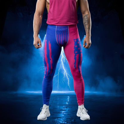 Person wearing pink and blue american flag style athletic leggings with a dark, smoky background and lightning effect.