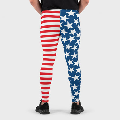 Leggings with American flag pattern worn by a person on a white background