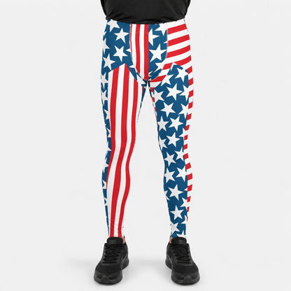 Leggings with American flag pattern worn by a person on a white background