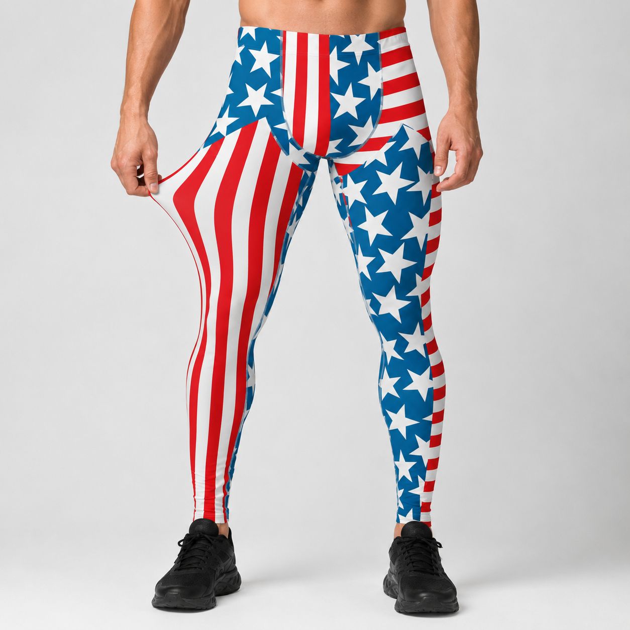 Person wearing American flag patterned leggings on a plain background