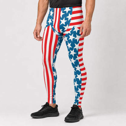 Person wearing American flag patterned leggings on a white background