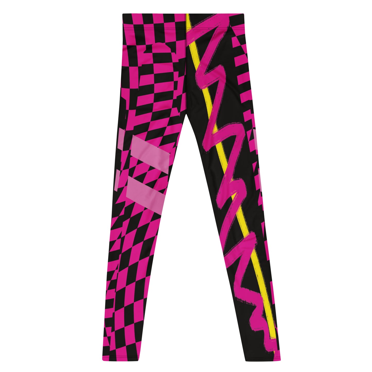 Retro style wrestling tights in pink and black geometric design, swirly design with yellow stripes, laid flat, rear view.