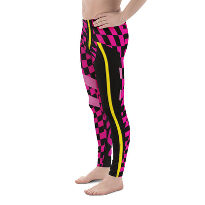 Person wearing pink, black and yellow geometric wrestling tights, facing left