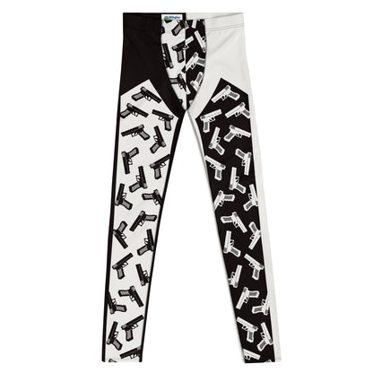 Mens leggings, funky pro-wrestling tights with toy pistols in black and white. Ankle length fashion meggings for rave parties, festivals, Halloween cosplay, streetwear.