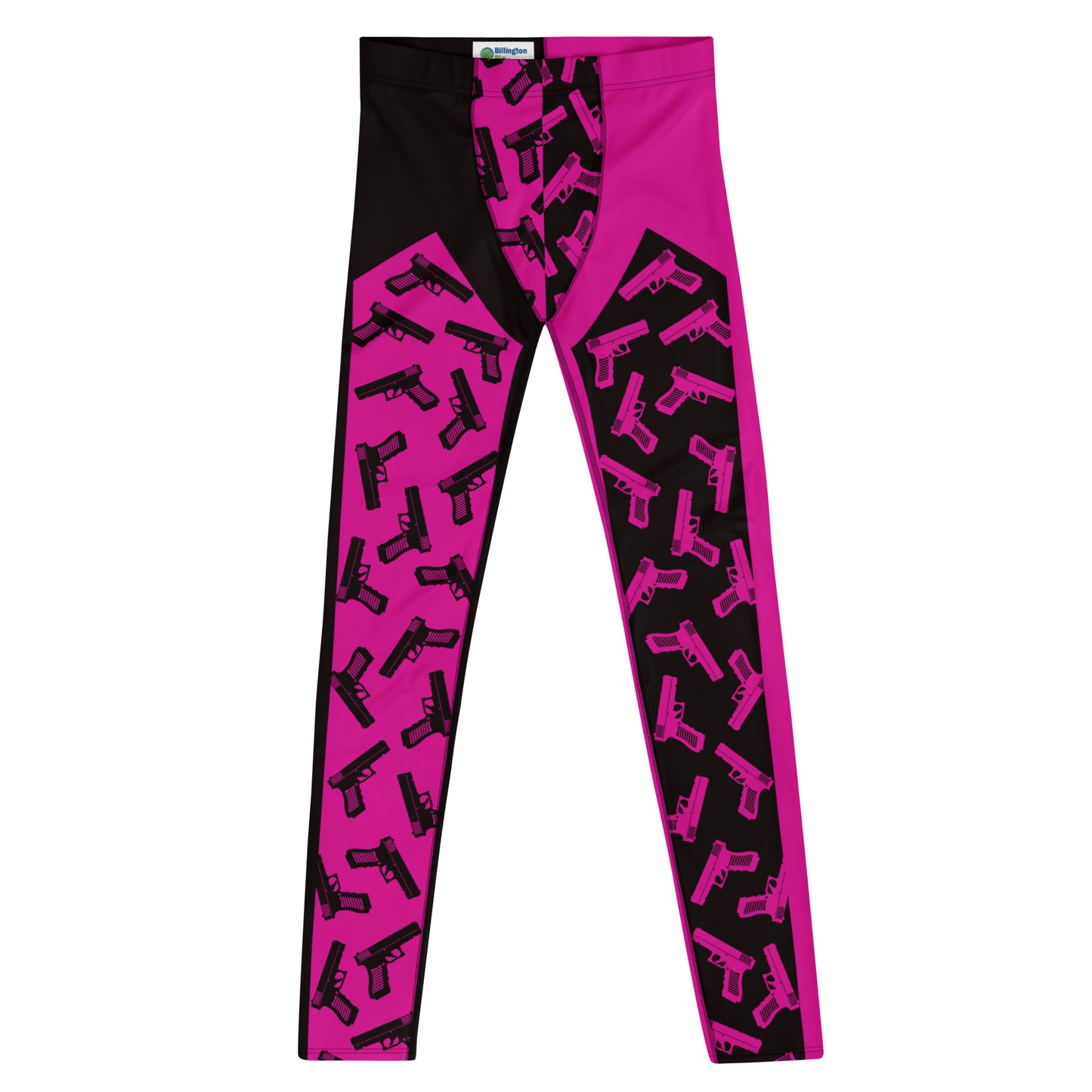 Mens leggings, funky pro-wrestling tights with toy pistols in pink and black. Ankle length fashion meggings for rave parties, festivals, Halloween cosplay, streetwear.