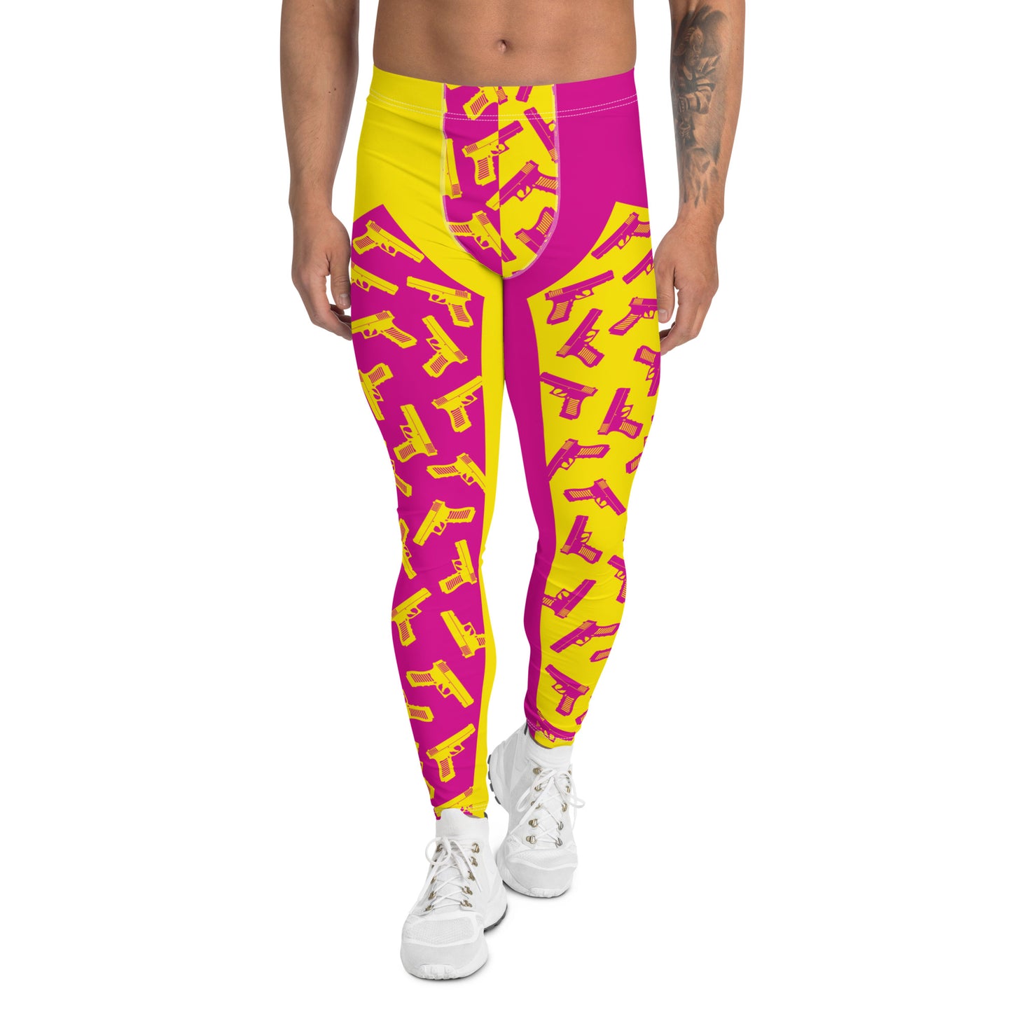 Mens leggings, funky pro-wrestling tights with toy pistols in yellow and pink. Ankle length fashion meggings for rave parties, festivals, Halloween cosplay, streetwear.