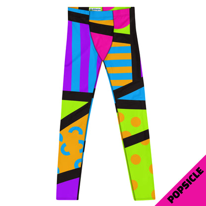 Geometric neoncore patterned leggings for men in a vibrant neon style of pink, blue, purple, yellow and orange with a black overlay on these unique mens compression pants meggings by BillingtonPix