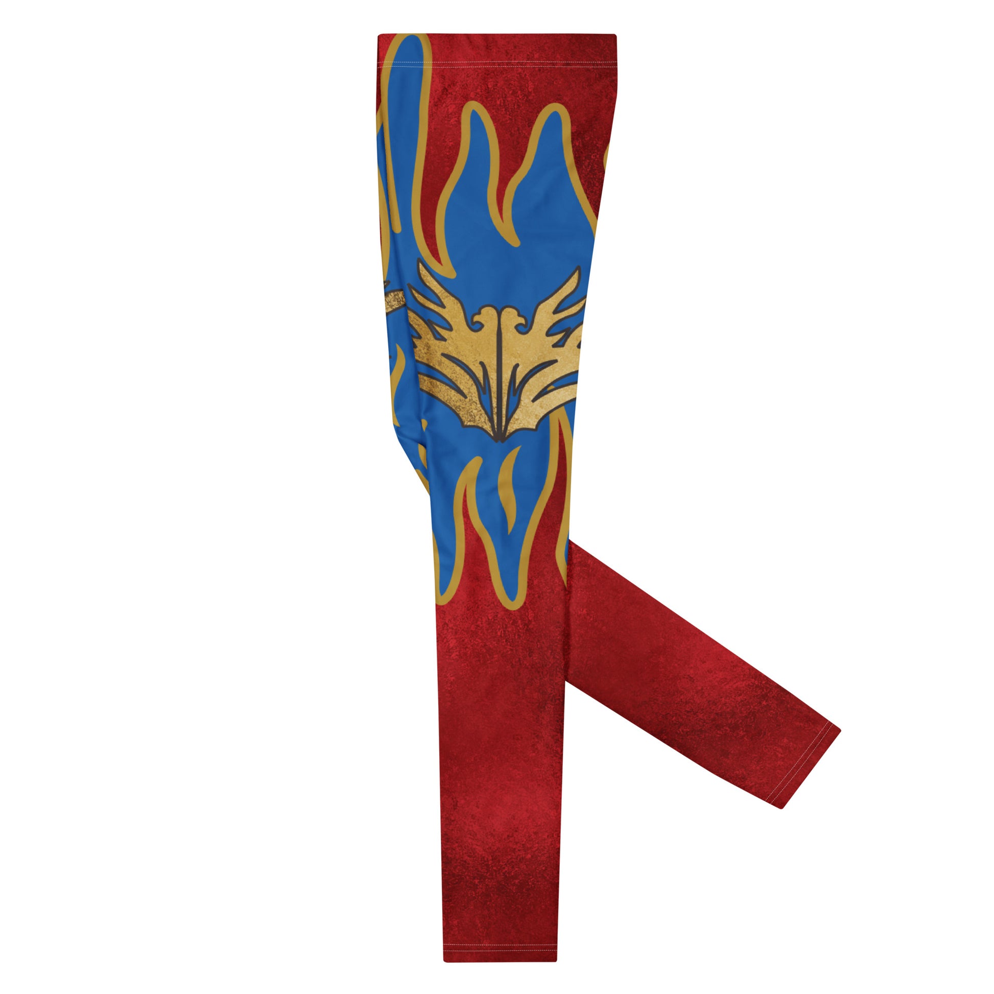 Close view of patriotic flame wrestling pants with gold eagle graphic