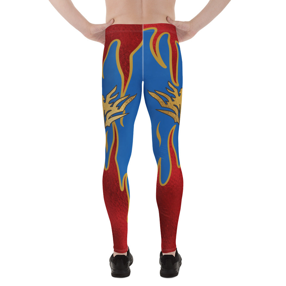 Back view of men’s printed wrestling pants with metallic eagle crest and flame gradient leg panels