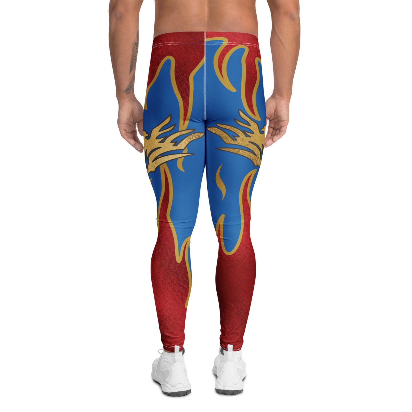 Men’s printed wrestler pants with metallic eagle crest and flame gradient leg panels