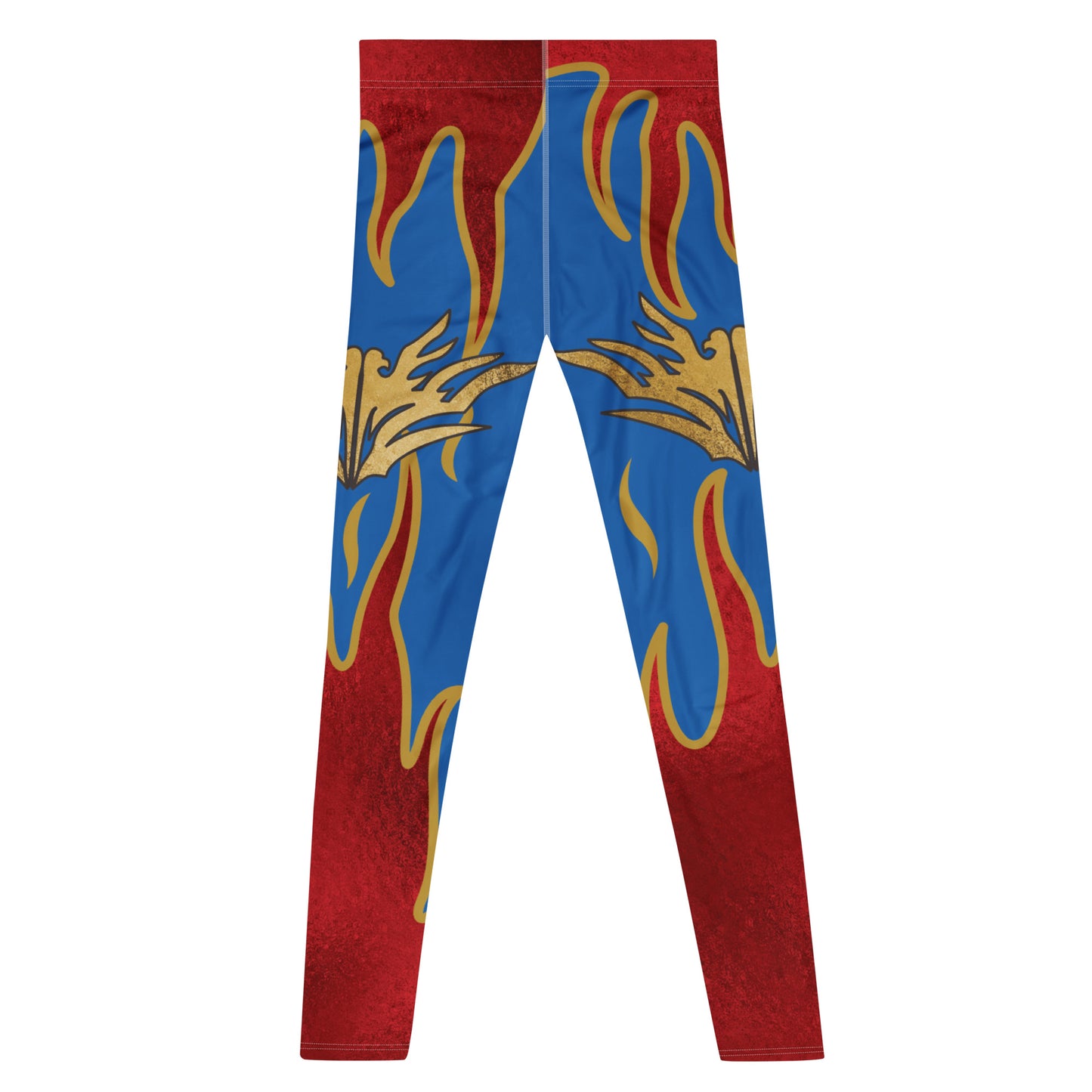 Printed wrestling-inspired leggings with metallic eagle emblem and flame details