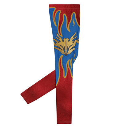 Close view of patriotic flame wrestling leggings with gold eagle graphic