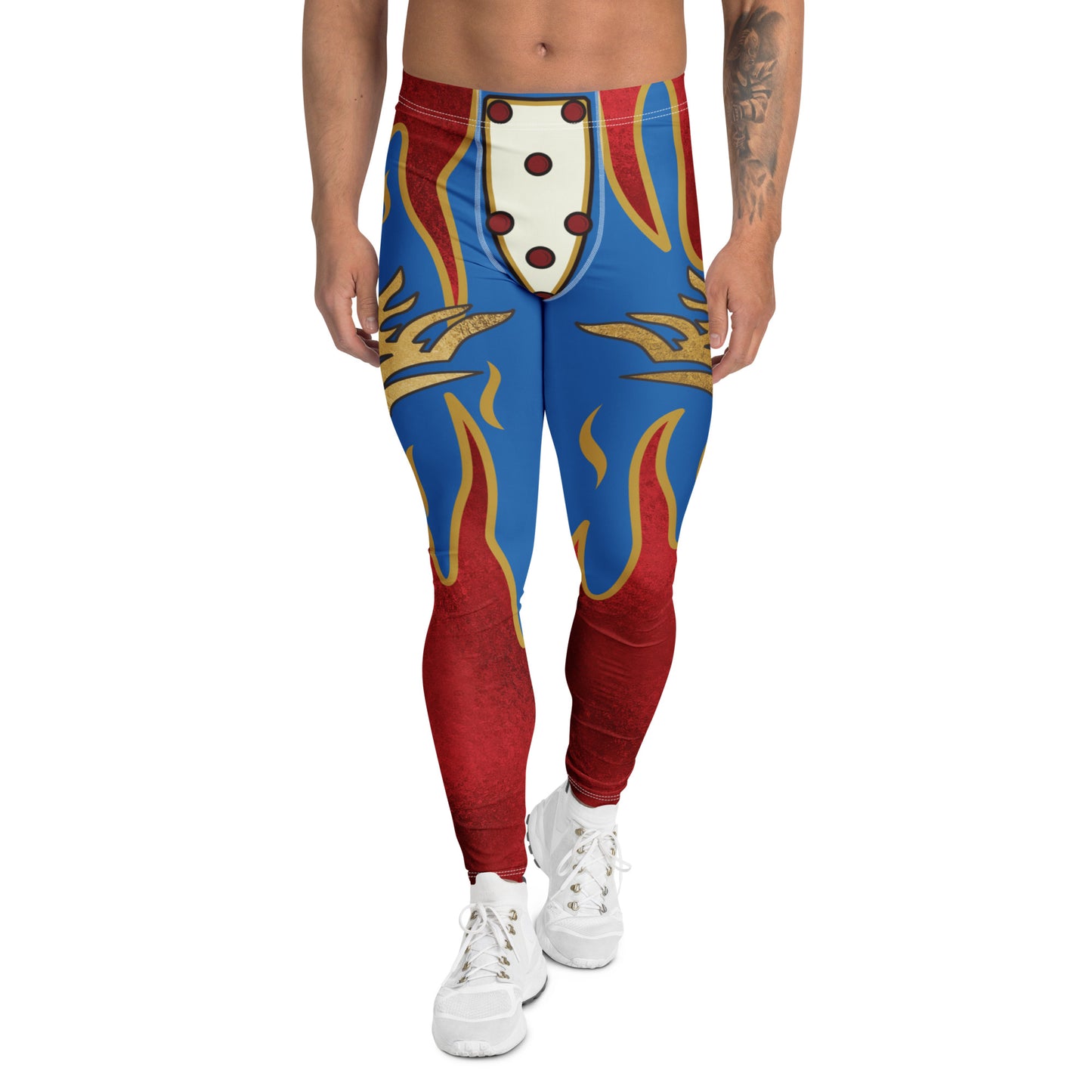 Men’s patriotic hero flame leggings with metallic eagle crest wrestling design