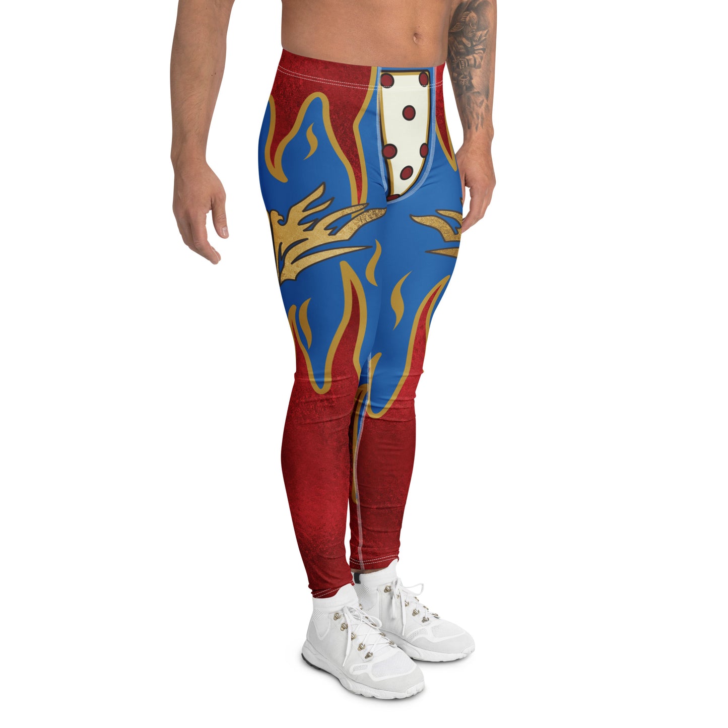 Men’s printed wrestler tights with metallic eagle crest and flame gradient leg panels