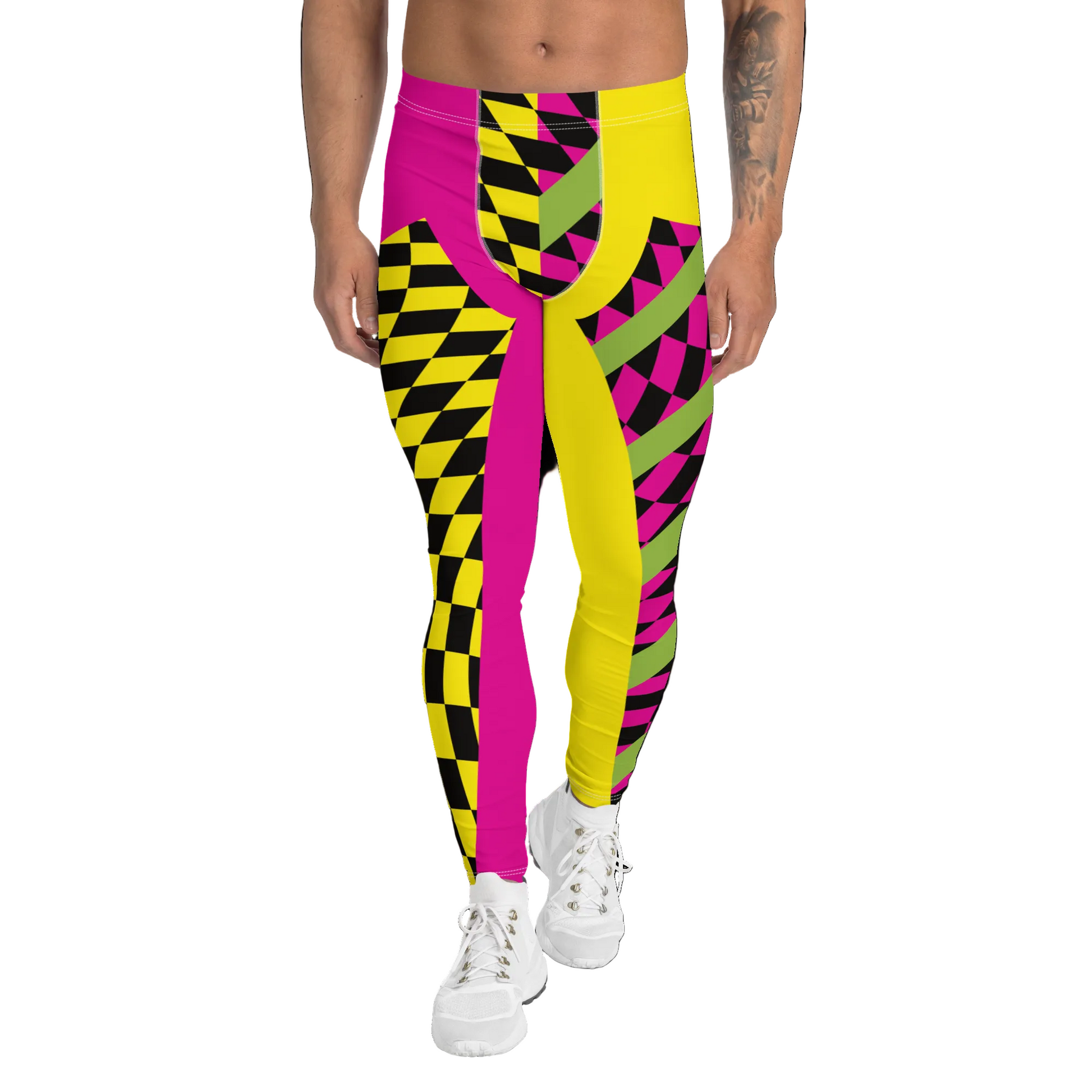 Man wearing yellow and pink leggings in retro alternating design with checked insets and diagonal green stripes