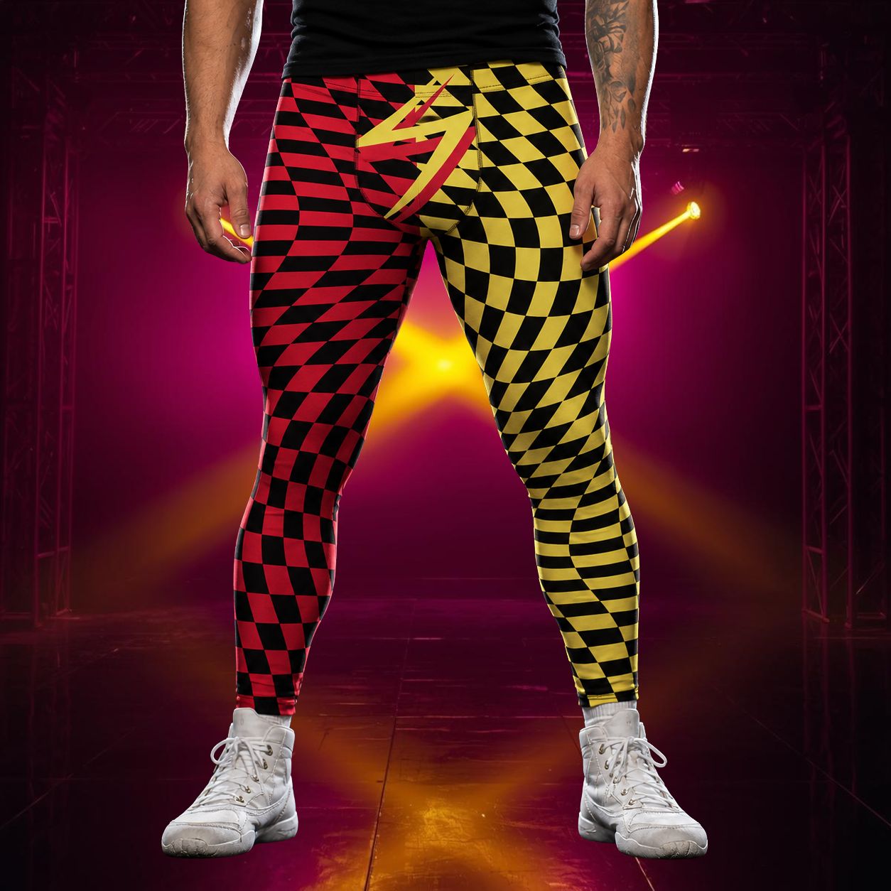man wearing red and yellow checked leggings with black checks and a zigzag design
