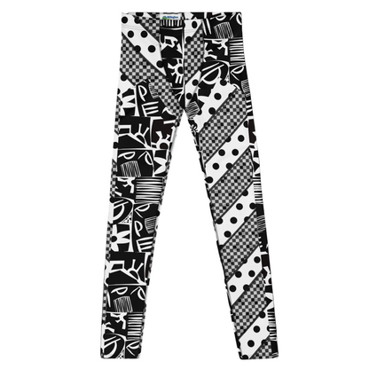 Black and white 80s Memphis patterned wrestling cosplay leggings on a white background