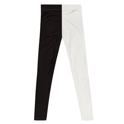 Leggings with alternate black and white legs on a white background