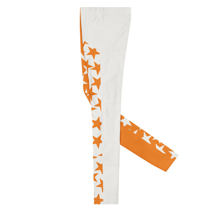 men's wrestling tights in orange and white with alternating front panel insets with orange and white stars, split crotch panel in alternating stars, laid flat, side view, left facing