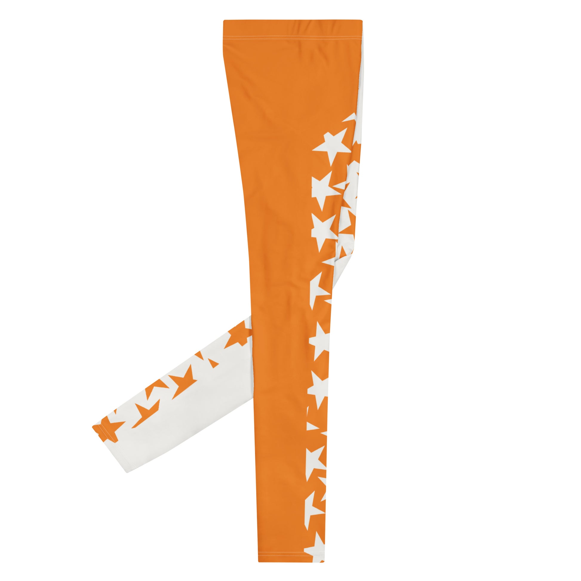 men's wrestling tights in orange and white with alternating front panel insets with orange and white stars, split crotch panel in alternating stars, laid flat, side view, right facing
