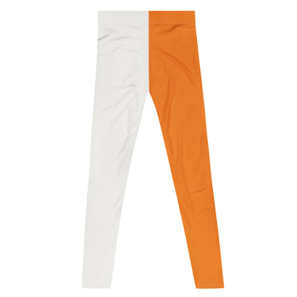 rear view of men's wrestling tights laid flat with left leg white and right leg orange, laid flat