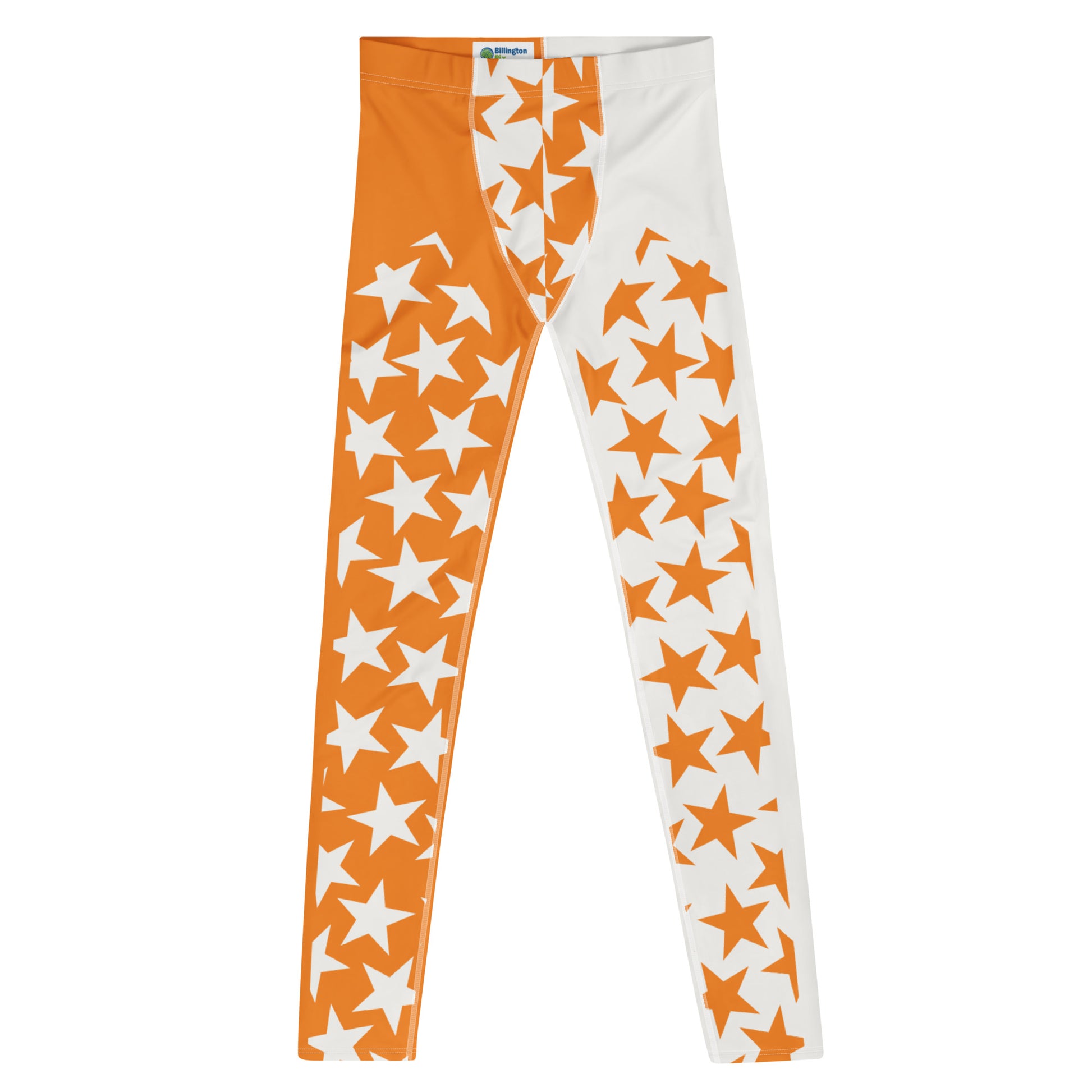 men's wrestling tights in orange and white with alternating front panel insets with orange and white stars, split crotch panel in alternating stars, laid flat
