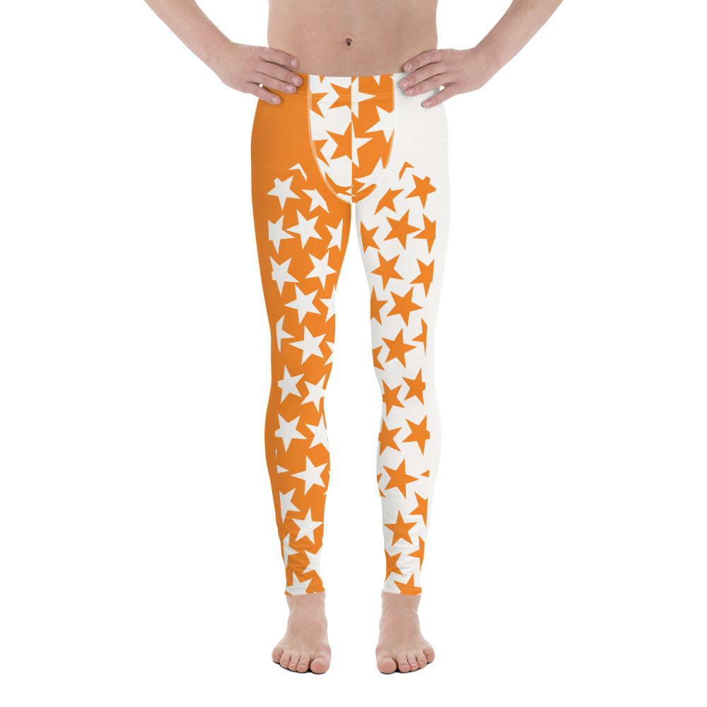 men's wrestling tights in orange and white with alternating front panel insets with orange and white stars, split crotch panel in alternating stars, front view