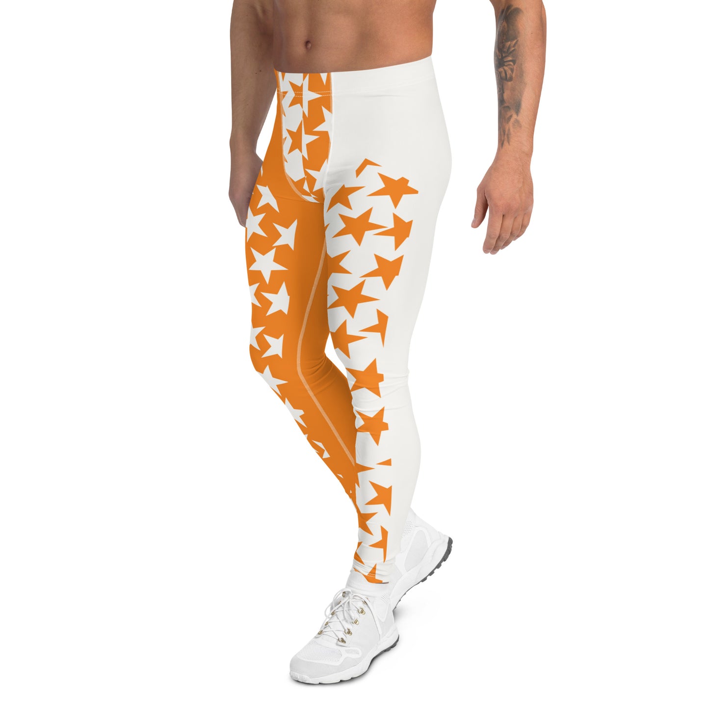 men's wrestling tights in orange and white with alternating front panel insets with orange and white stars, split crotch panel in alternating stars, facing left
