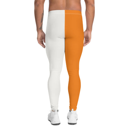 men's wrestling tights in orange and white with alternating front panel insets with orange and white stars, split crotch panel in alternating stars, rear view
