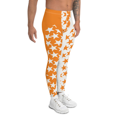 men's wrestling tights in orange and white with alternating front panel insets with orange and white stars, split crotch panel in alternating stars, facing right