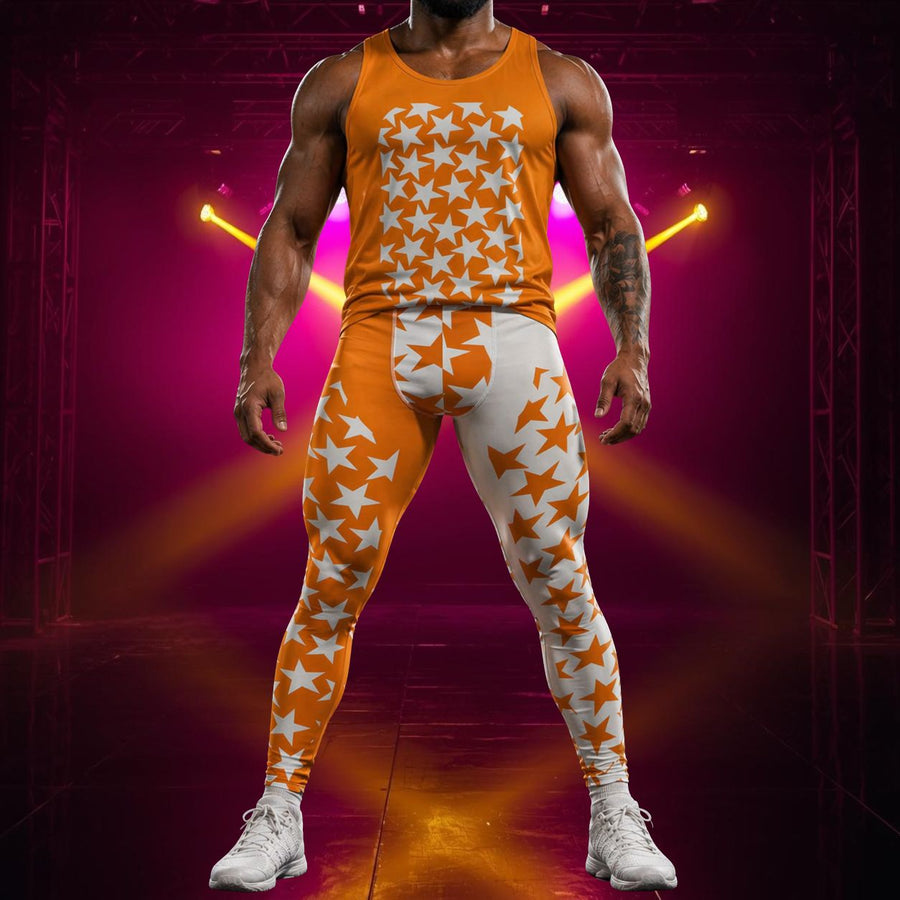 Person wearing a bold retro orange and white star-patterned outfit on a dark background with lighting effects.