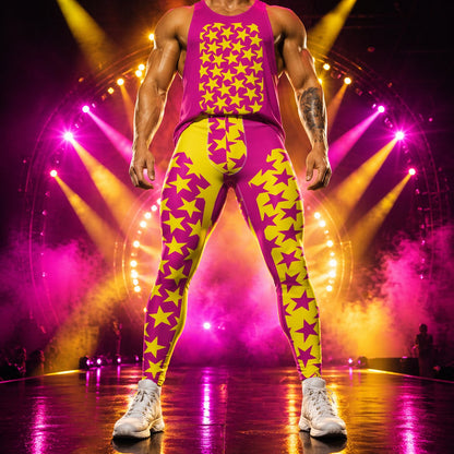 Person wearing a vibrant wrestling outfit with star patterns on a stage with colorful lights.