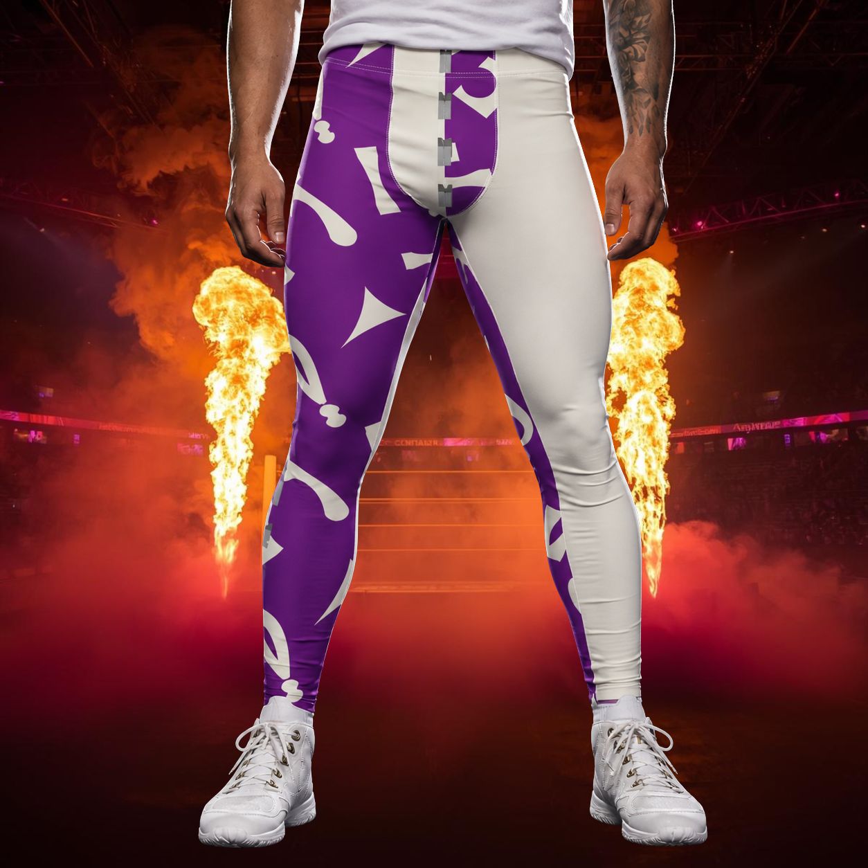 men's wrestling tights in retro 80s memphis style purple and white with geometric shapes in glam spectacle wrestling style