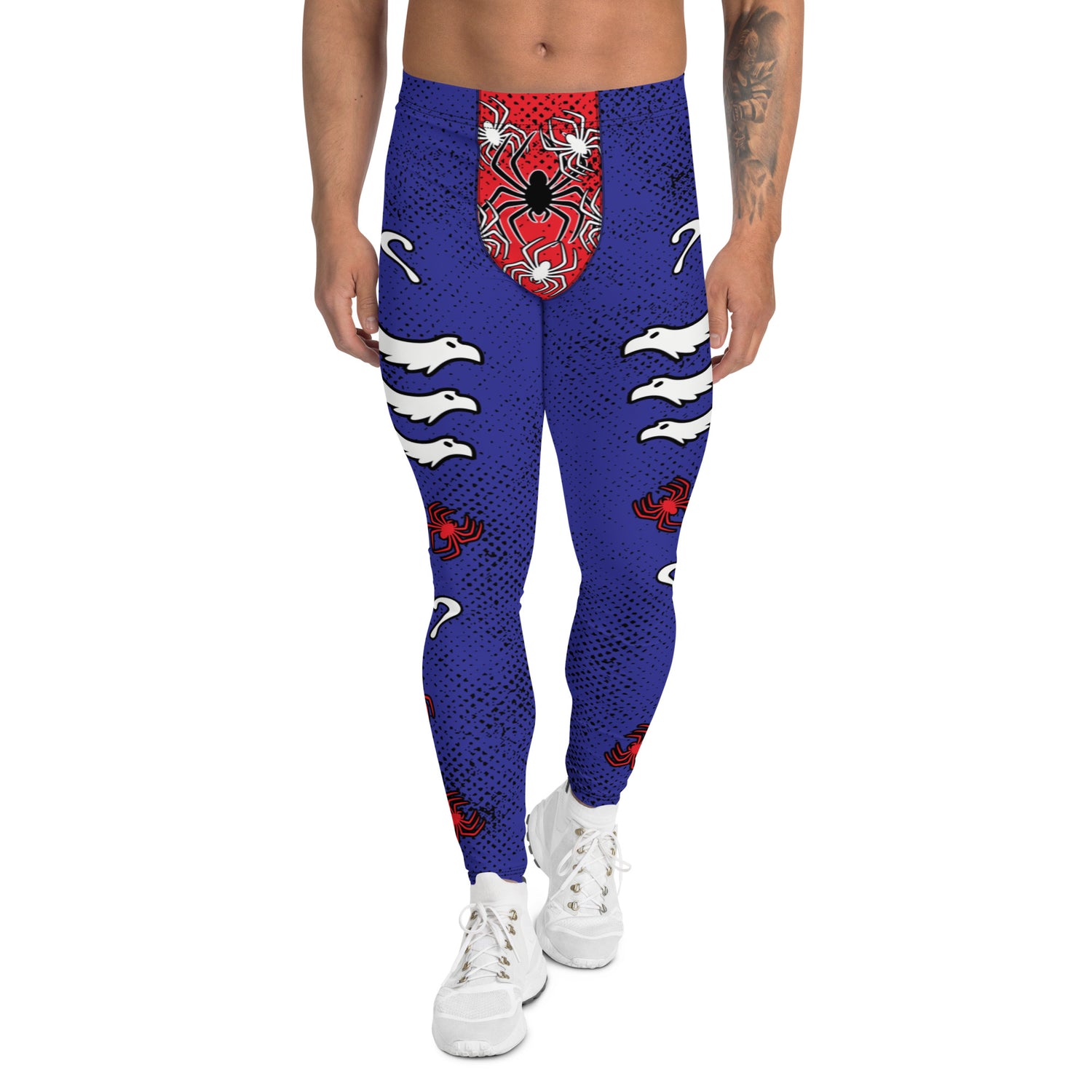 Mens lucha libre pro wrestling tights in navy blue with a red crotch area, containing black and white spiders.  Superhero style meggings. White griffin birds in sets of 3 on each of the legs with more red spiders and question marks. Mid rise elasticated waistband and ankle length legs.