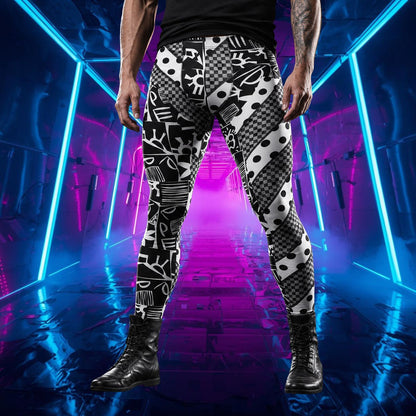 Man wearing black and white leggings in retro 80s Memphis geometric design with polka dots and stripes.